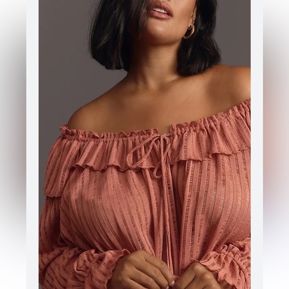 #5 Anthropologie long sleeve sheer striped crop blouse in size large - Picture 1 of 7